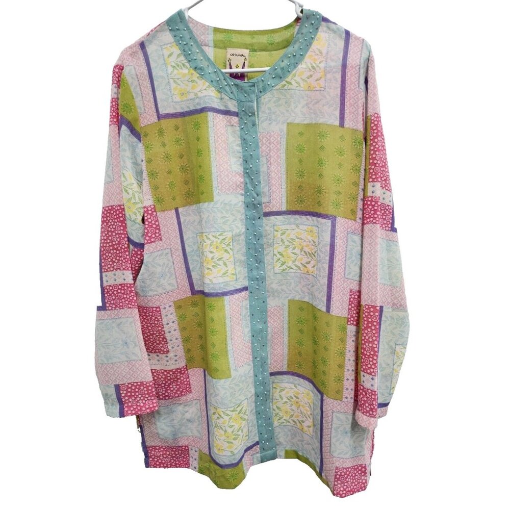 VTG‎ Original Anthony Womens Artsy Top Large Floral Patchwork Beaded 3/4 Sleeve